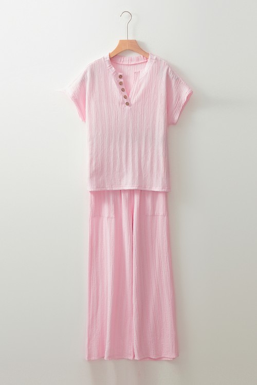 Light Pink Textured Short Sleeve Henley Top and Pocketed Wide