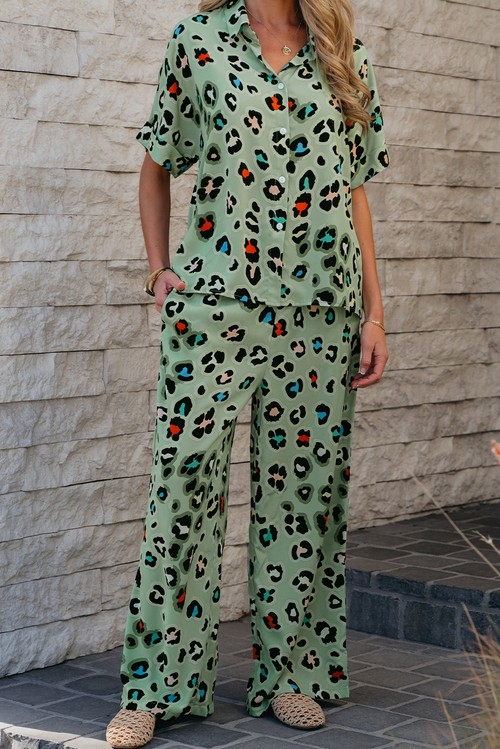 Green Leopard Print Short Sleeve Shirt and Wide Leg Pants