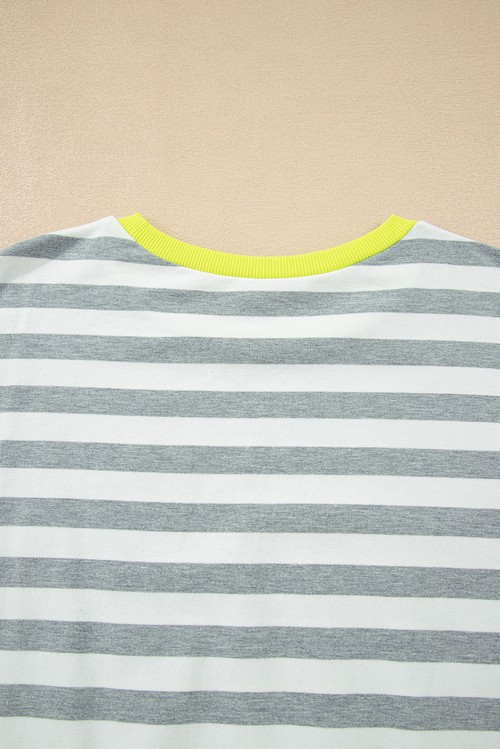 Gray Stripe Contrast Ribbed Banding Long Sleeve Blouse Loose Shorts