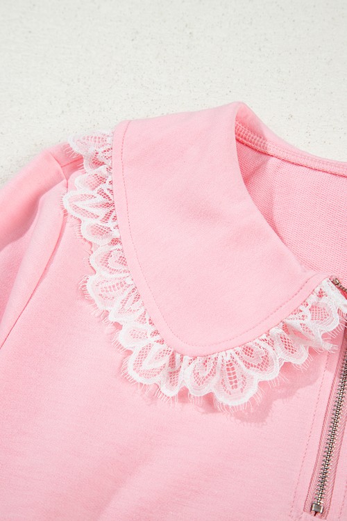 Pink Peter Pan Lace Embellished Neck Collision Sweatshirt and Skirt
