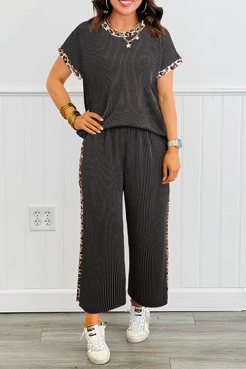 Carbon Grey Leopard Patchwork Edge Twisted Rib T Shirt and
