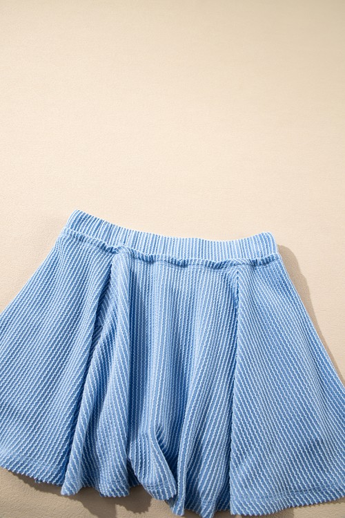 Sky Blue Corded Lantern Sleeve Top High Waist Ruffled Mini