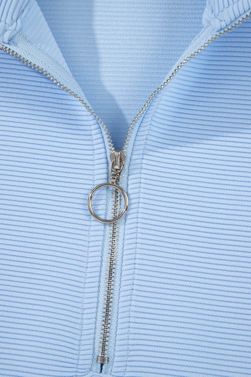 Beau Blue Ribbed Texture Half Zip Ruffled Short Sleeve Top
