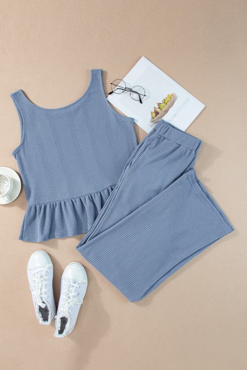 Beau Blue Solid Color Ribbed Ruffle Tank Top and Pants