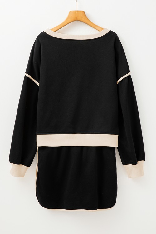 Black Color Contrast Loose Pullover and Lace up Waist Skort