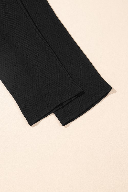Black Solid Color Corded Short Sleeve Top and Casual Pants