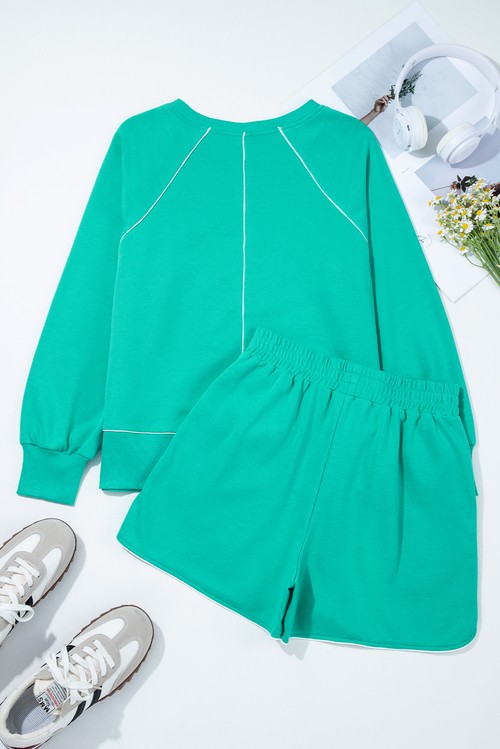 Dark Green Colorblock Trim V Neck Pullover Top and Shorts