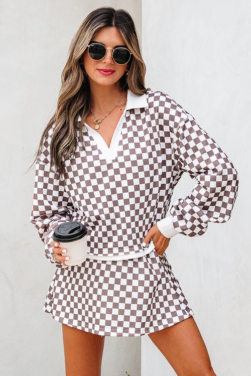 Khaki Checkered Print Polo Collar Cropped Long Sleeve Top Drawstring