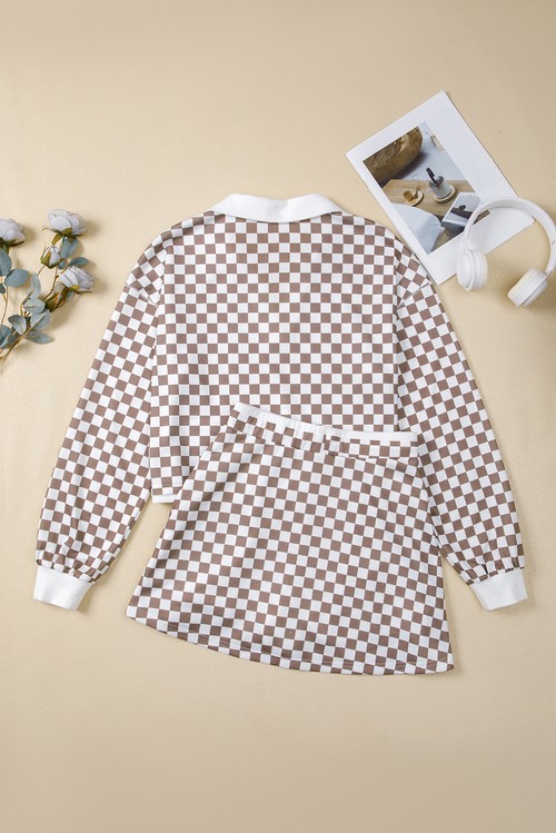 Khaki Checkered Print Polo Collar Cropped Long Sleeve Top Drawstring