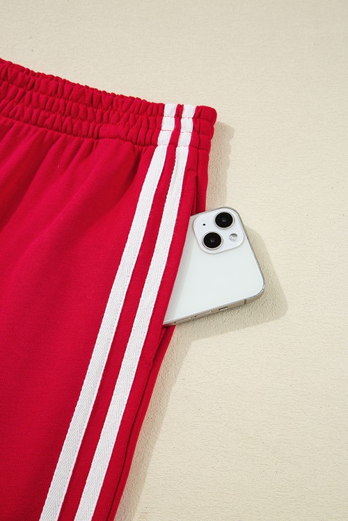 Fiery Red Varsity Striped Detail Crewneck Pullover Elastic Sweatpants 2pcs