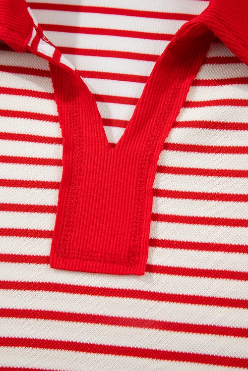Red Stripe Collared V Neck Drop Shoulder Pullover and Skort