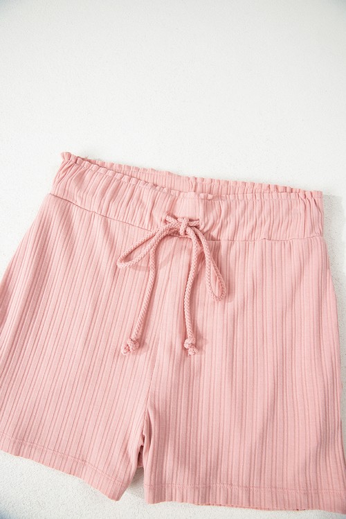 Gossamer Pink Ribbed Button V Neck Tank Top and Shorts