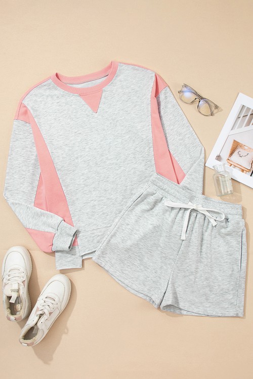 Light Grey Color Block Raw Hem Pullover and Casual Shorts