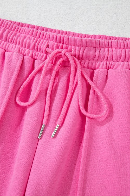 Bright Pink Solid Seamed Zipper Jacket and Drawstring Waist Pants