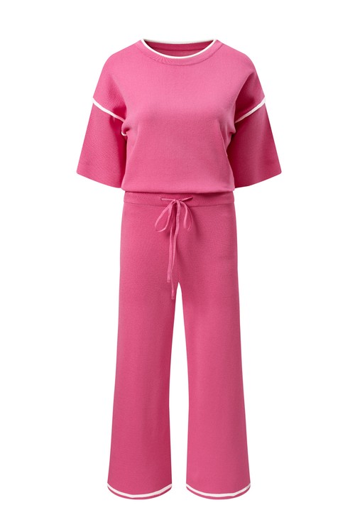 Bright Pink Contrast Trim Half Sleeve Top Drawstring Pants Loose
