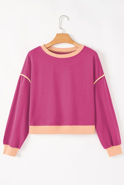 Rose Red Color Contrast Loose Pullover and Lace up Waist