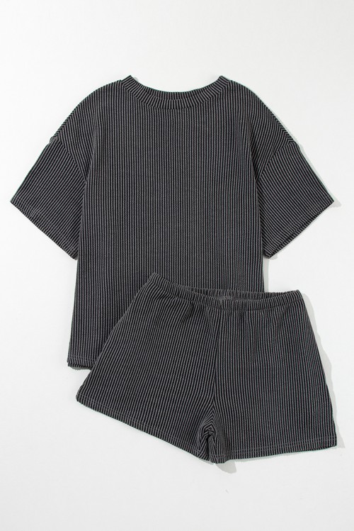 Carbon Grey Ribbed Textured Knit Loose Fit Tee and Shorts