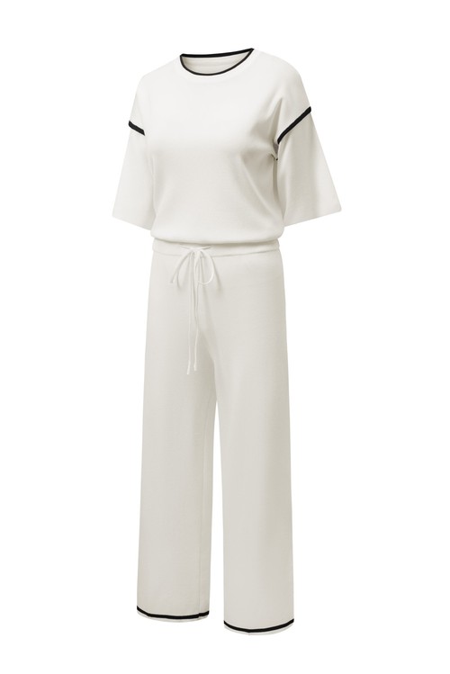 White Contrast Trim Half Sleeve Top Drawstring Pants Loose 2pcs