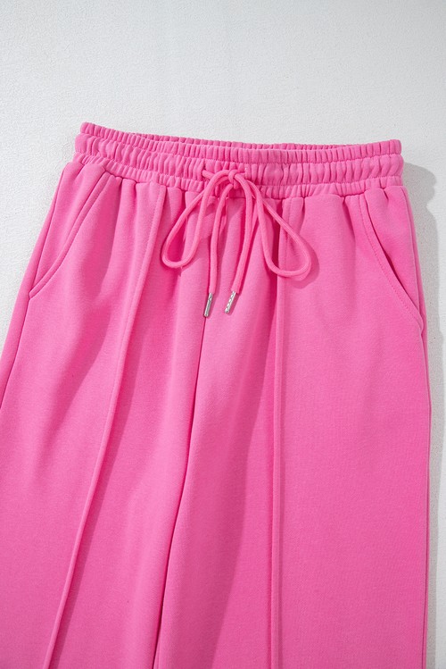 Bright Pink Solid Seamed Zipper Jacket and Drawstring Waist Pants