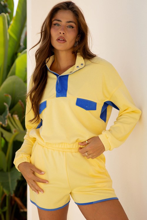 Yellow Color Block Patchwork Half Button Pullover and Shorts 2pcs