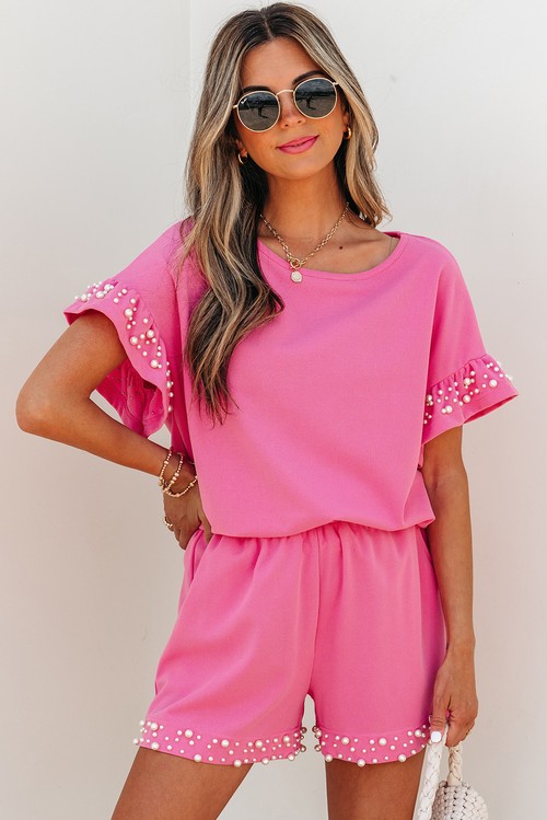 Bright Pink Textured Pearled Ruffle Sleeve Top 2 Piece Shorts