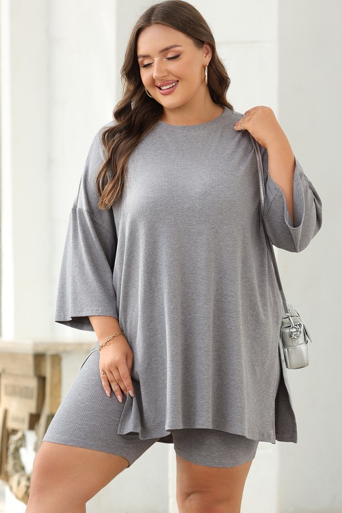 Light Grey Solid Color Loose Tunic Top and Slim Shorts