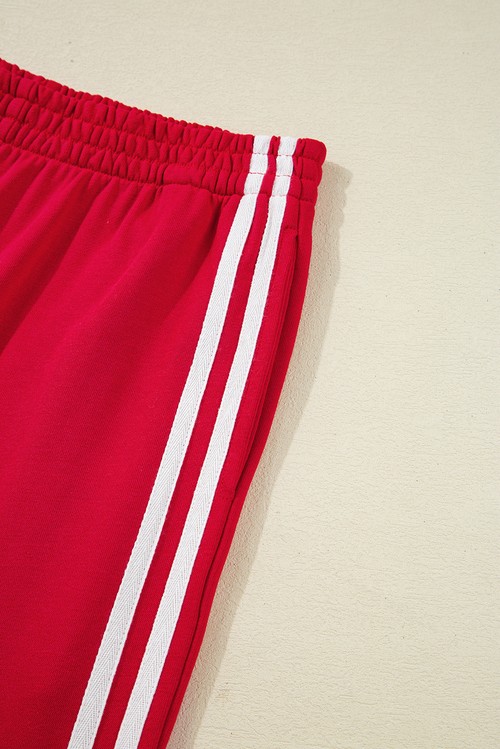 Fiery Red Varsity Striped Detail Crewneck Pullover Elastic Sweatpants 2pcs