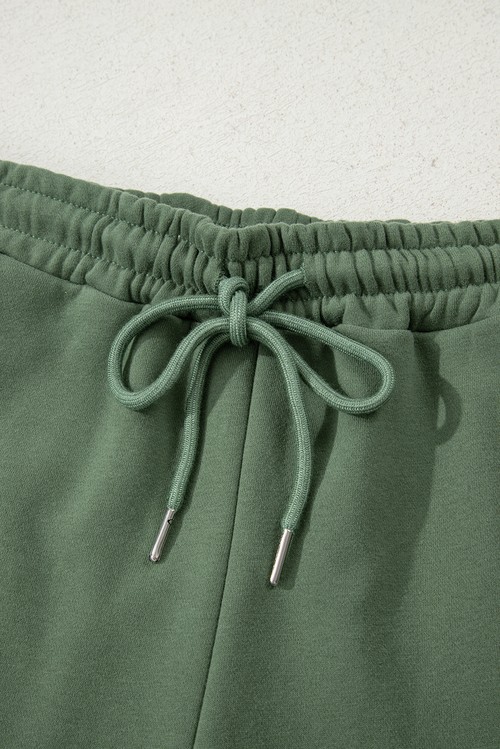Mist Green Button Drawstring Hooded Pullover and Casual Short Set