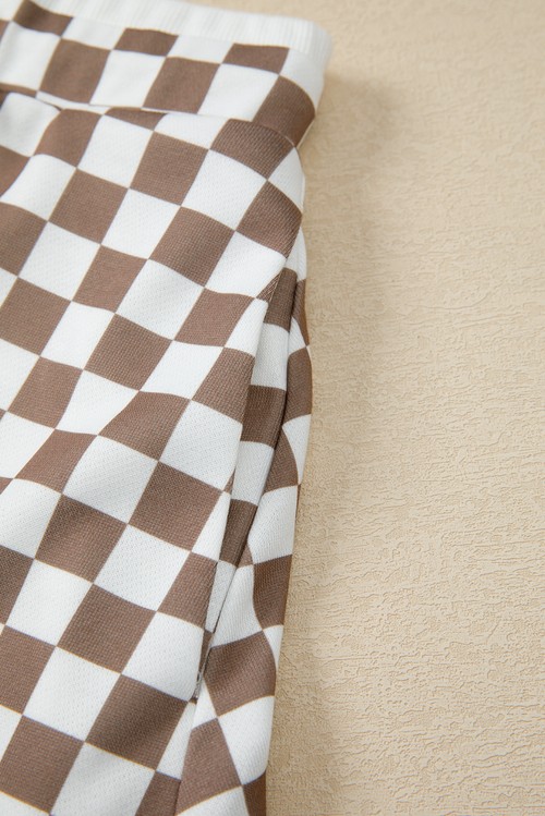 Khaki Checkered Print Polo Collar Cropped Long Sleeve Top Drawstring