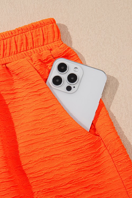 Orange Textured V Neck T Shirt and Shorts Set