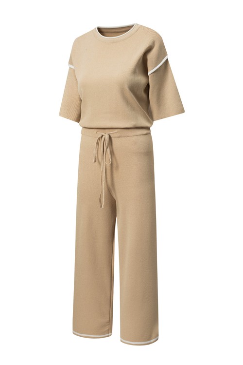 Camel Contrast Trim Half Sleeve Top Drawstring Pants Loose 2pcs