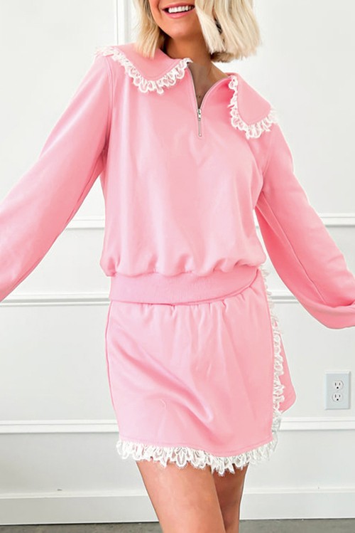 Pink Peter Pan Lace Embellished Neck Collision Sweatshirt and Skirt