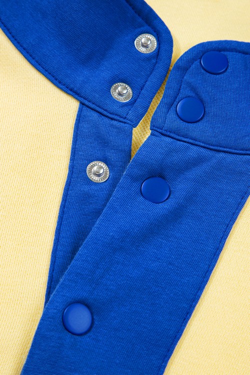 Yellow Color Block Patchwork Half Button Pullover and Shorts 2pcs