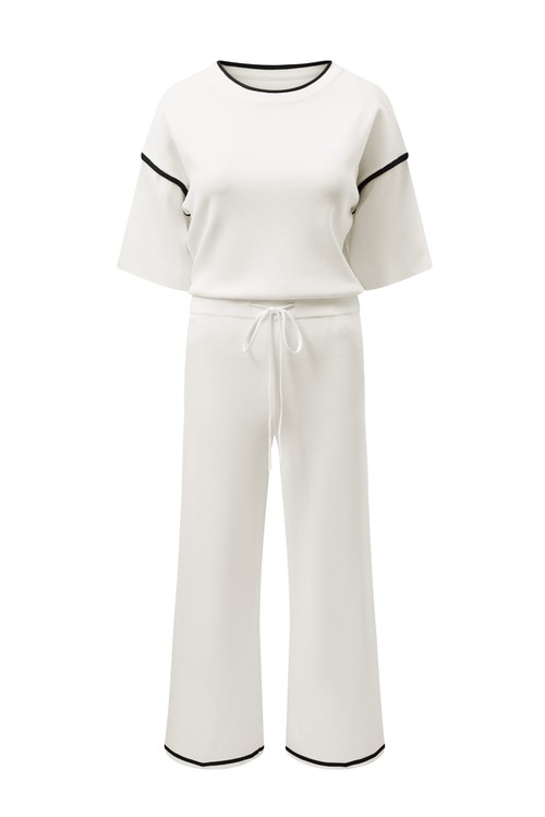 White Contrast Trim Half Sleeve Top Drawstring Pants Loose 2pcs