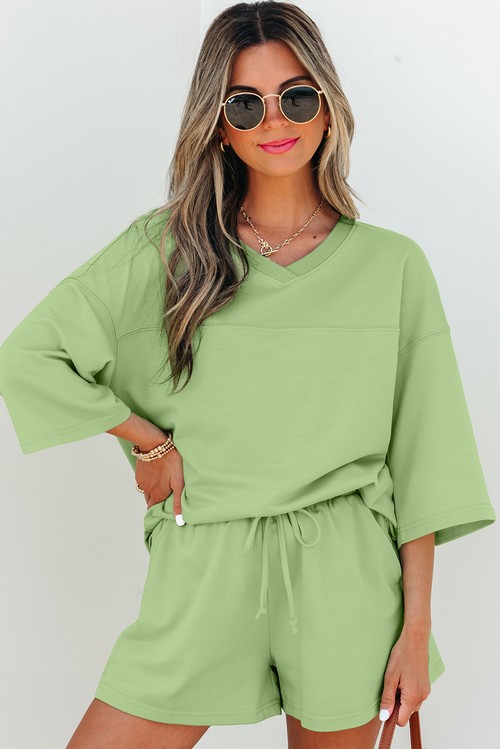 Meadow Mist Green Solid Loose V Neck Half Sleeve Tee