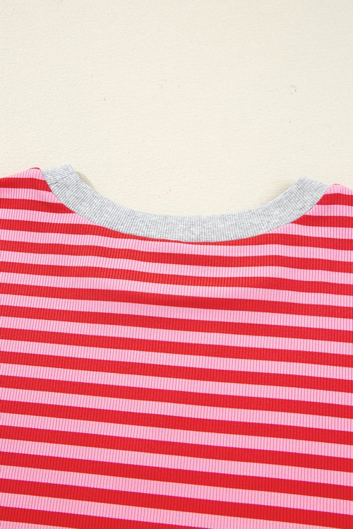Red Stripe Drop Shoulder Baggy Pullover and Shorts Casual Set