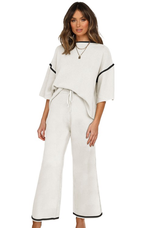 White Contrast Trim Half Sleeve Top Drawstring Pants Loose 2pcs