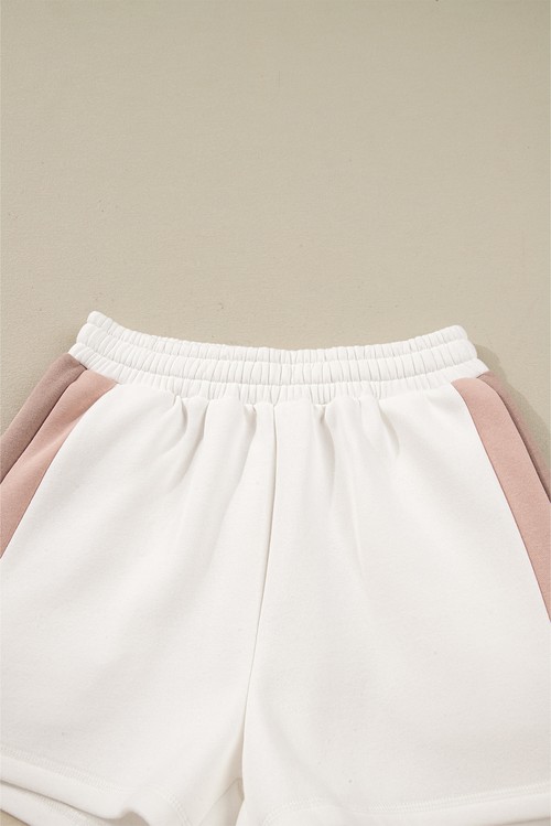 White Color Block Patchwork Drop Shoulder Pullover Casual Shorts 2pcs