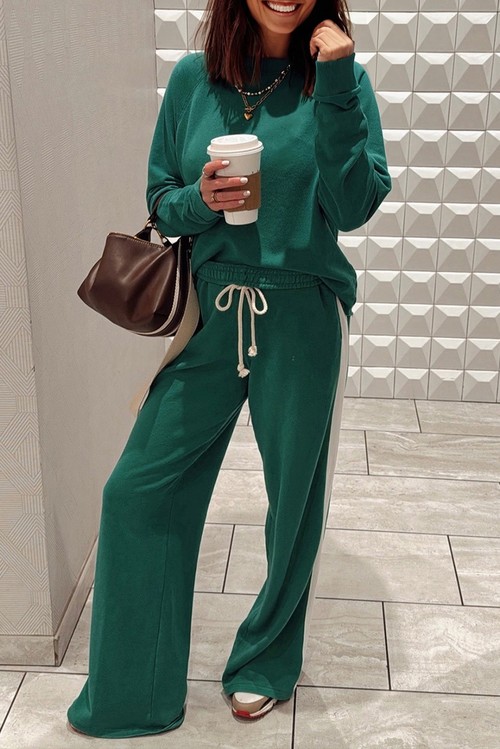 Sea Green Solid Color Pullover Top Varsity Stripe Detail Loose