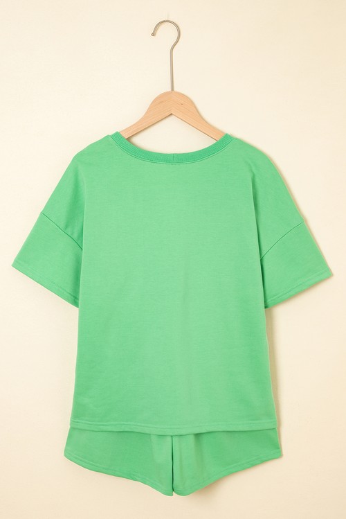 Mint Green V Neck Drop Shoulder Tee and Patchwork Drawstring