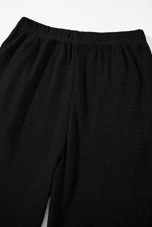 Black Solid Color Textured Buttoned Shirt and Casual Pants Set