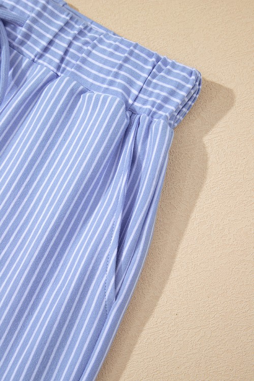 Sky Blue Stripe Dolman Sleeve Polo Shirt and Drawstring Shorts