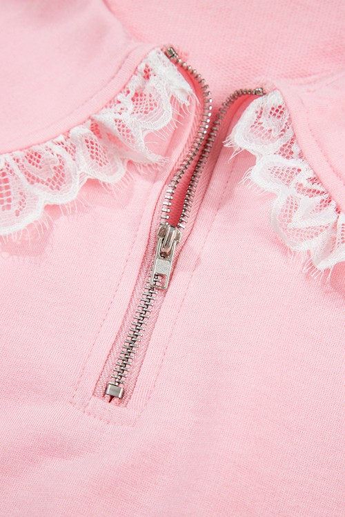Pink Peter Pan Lace Embellished Neck Collision Sweatshirt and Skirt