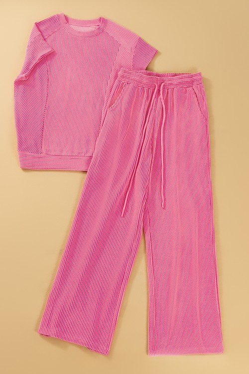 Bright Pink Solid Corded Knit Short Sleeve T Shirt and