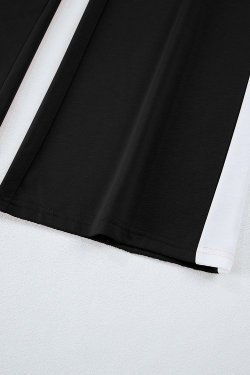 Black Varsity Stripe Patchwork Puff Sleeve Pullover Drawstring Wide Leg