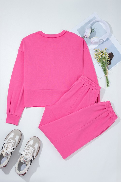 Bright Pink Raw Edge Half Buttons Pullover and Jogger Pants
