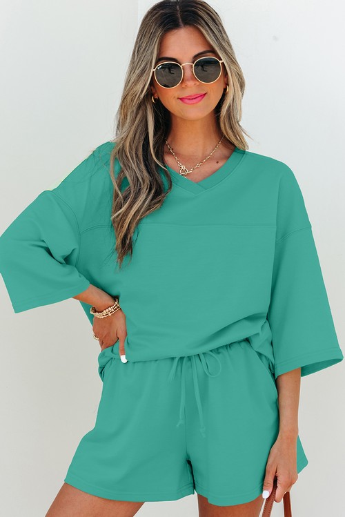 Sea Green Solid Loose V Neck Half Sleeve Tee and
