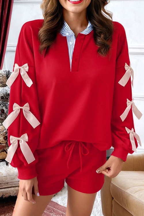 Racing Red Striped Collar Patchwork Satin Bow Sweatshirt and Shorts