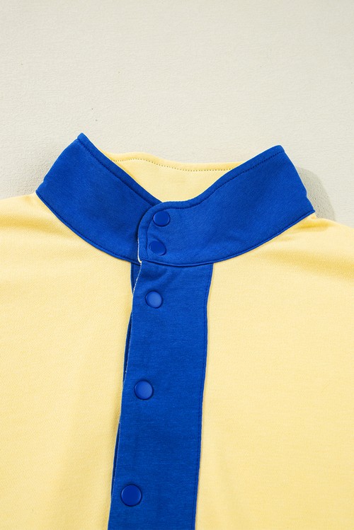 Yellow Color Block Patchwork Half Button Pullover and Shorts 2pcs