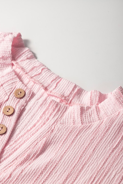 Light Pink Textured Short Sleeve Henley Top and Pocketed Wide